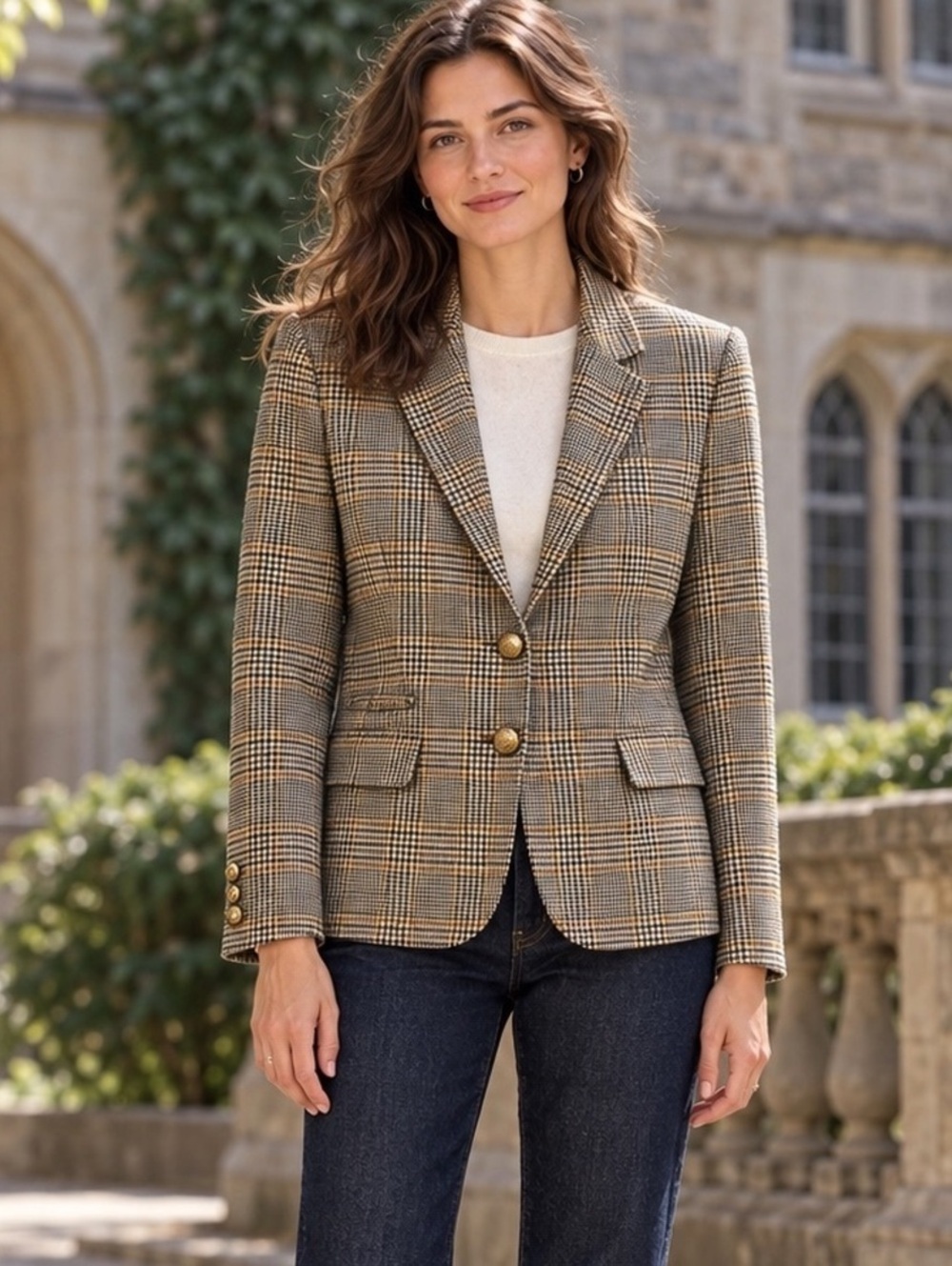 J.Crew Collection Schoolboy Glen Plaid Gold Button Blazer 8